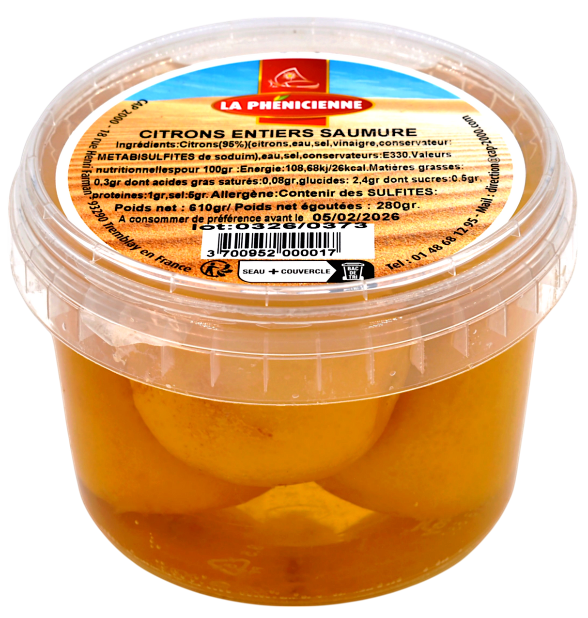 Citrons entiers saumure pot 320g - La Phénicienne